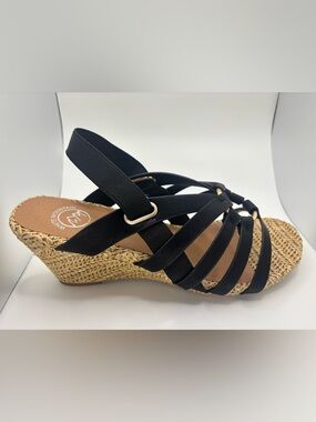 White Mountain Black Strappy Espadrille Wedge Sandal